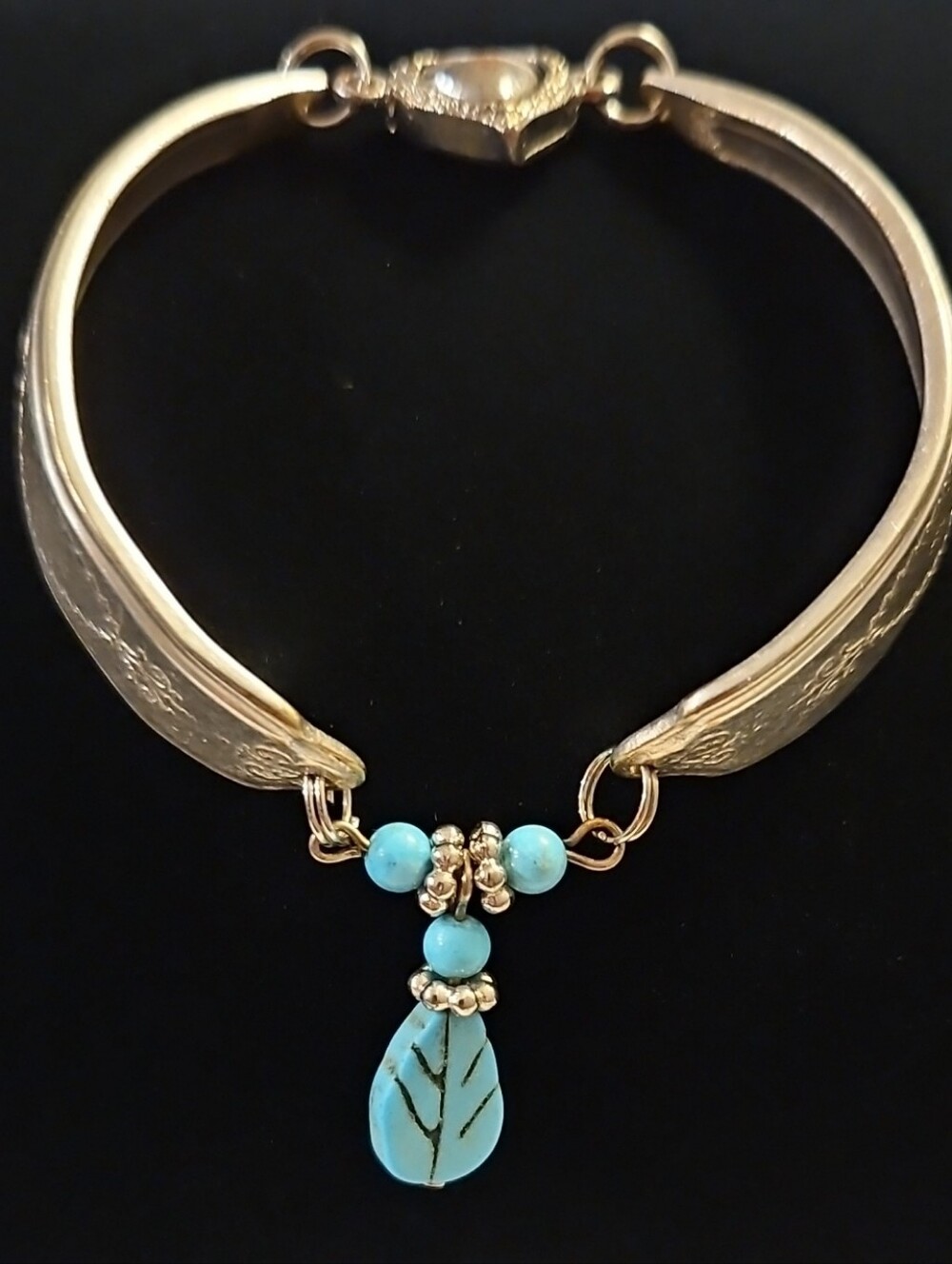 ARTISAN HANDCRAFTED SILVER PLATED, SPOON BRACELET WITH BLUE STONES 4 1/4" ACROSS
